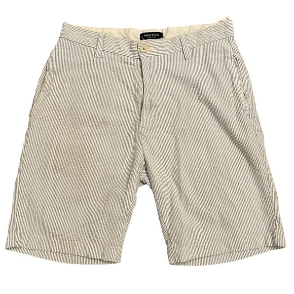 Nautica Seersucker Shorts Blue and White Striped A Bit Trimmer Fit Style Size 30 - Picture 1 of 11